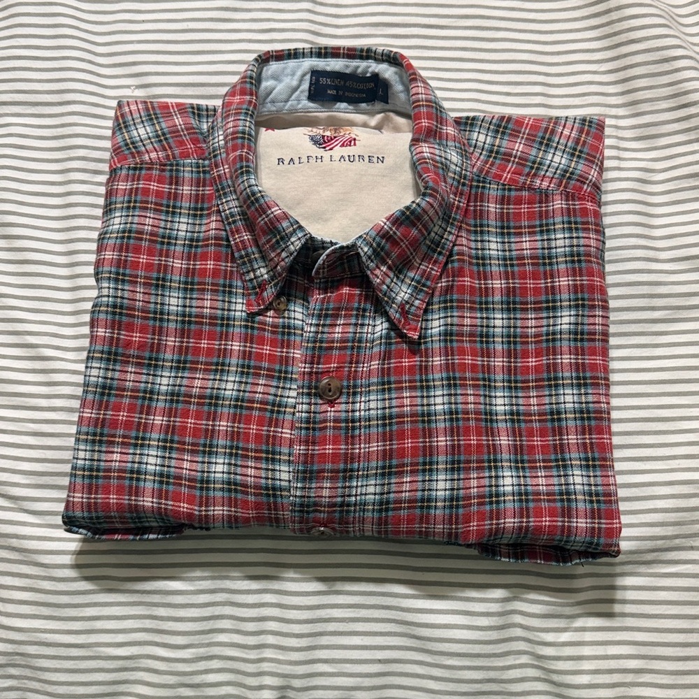 Chaps Ralph Lauren Vintage Red Plaid Linen Men's Shirt Large